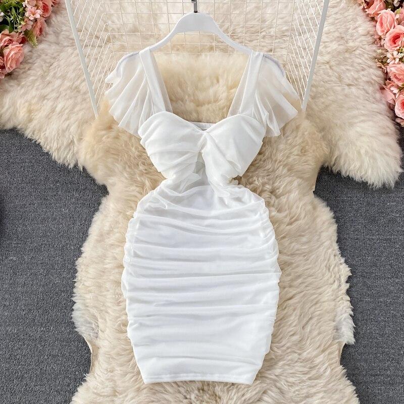 Сексуальное платье с короткими рукавами, высокой талией, облегающее, плиссированное, с квадратным вырезом, облегающее бедра