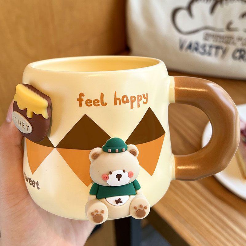 Кружка Honey Bear из утолщенной керамики с крышкой и ложкой, кофейная чашка, 3D магнитная съемная адсорбционная вешалка, посуда для питья