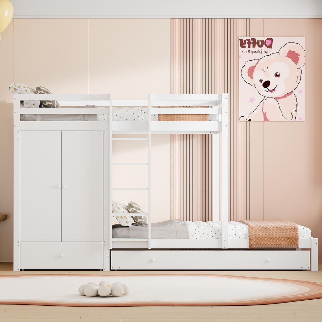 Solid Wood Bunk Bed 90*200 with Pull-out Bed, Multifunctional Children's Bed with Wardrobe, Drawers and Storage Compartment, White