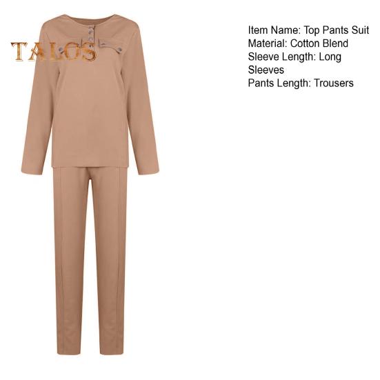 2 шт./комплект женский топ брюки костюм круглый вырез длинный рукав однотонная блузка эластичный пояс облегающие брюки повседневная одежда спортивный наряд осень весна