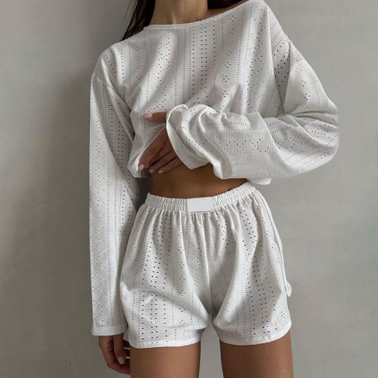 2 Pcs/Set Women Top Shorts Suit High Waist Shorts Hollow Out Loose Cropped Blouse Long Sleeves Solid Color Outfit for Sport Jogging Sleeping