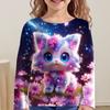 Spring and Autumn Round Neck 3D Cute Cat Pattern Printed Top Fashionable Casual Long Sleeved Children's Girl T-shirts