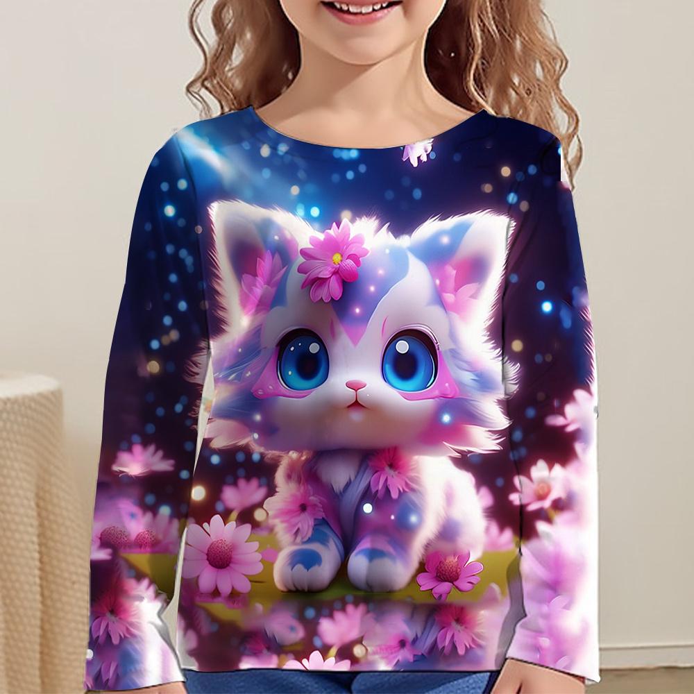 Spring and Autumn Round Neck 3D Cute Cat Pattern Printed Top Fashionable Casual Long Sleeved Children's Girl T-shirts