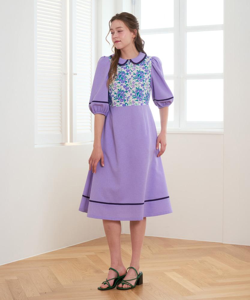 LBYL Purple Flower Color Block Collar Dress