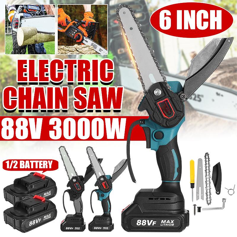 4/6/8 Inches Mini Electric Chain Saw 3000W Cordless Pruning Chainsaw Woodworking Cutter Garden Logging Saw Power Tool With 2 Battery 88V