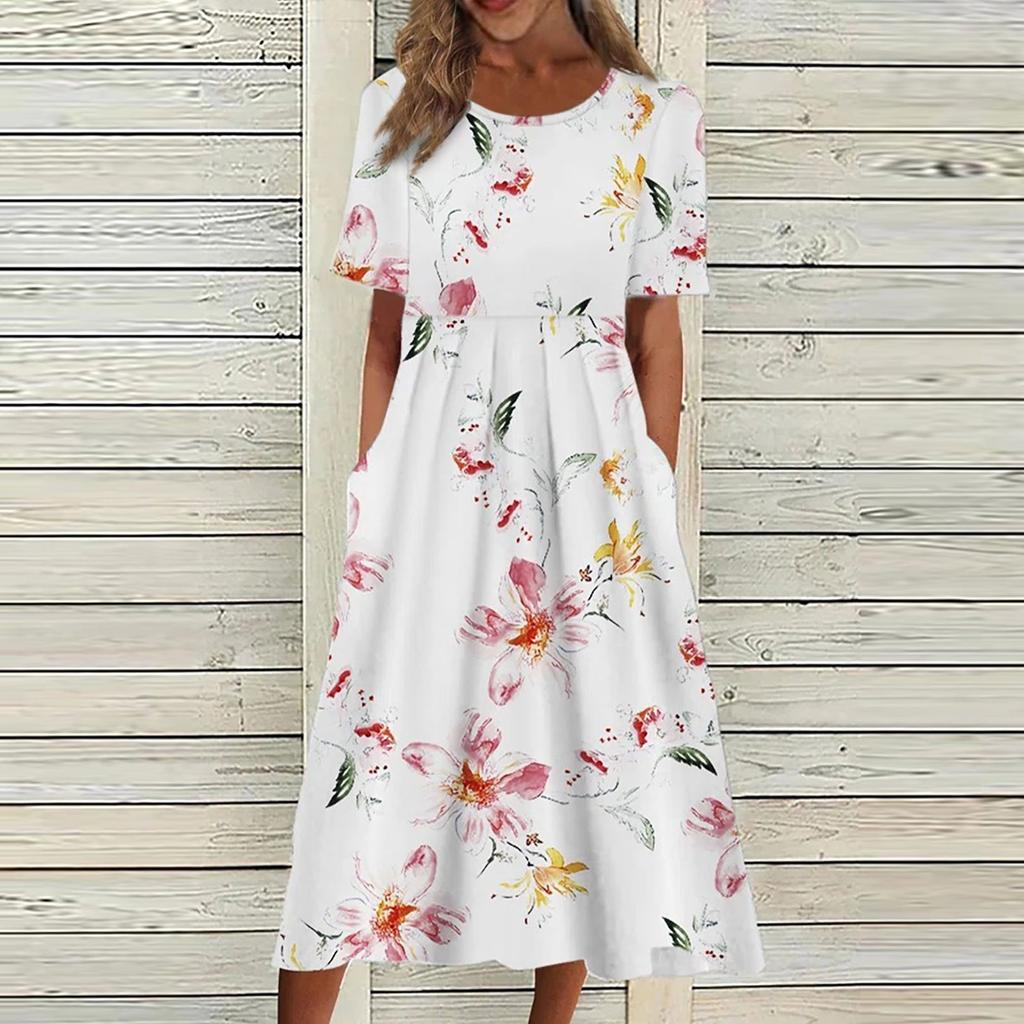 Женское летнее повседневное модное платье с коротким рукавом и карманом с цветочным принтом и круглым вырезом