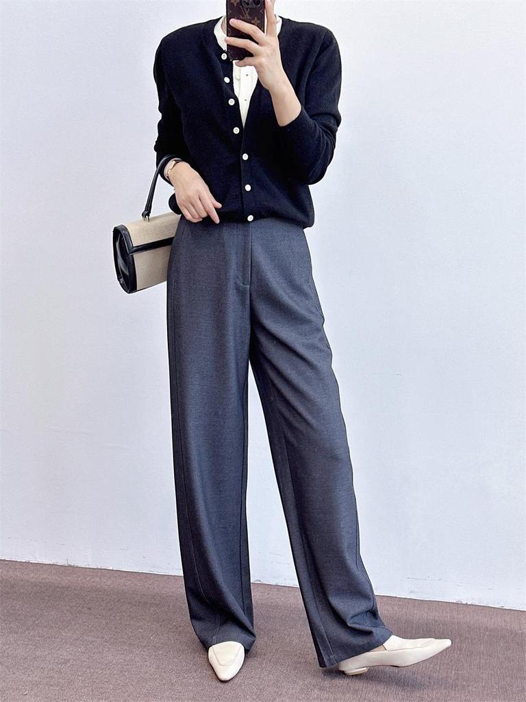 Ladies' Luxury Wool-Blend Wide-Leg Trousers: Elegant Old Money Style for Spring, Autumn, and Winter