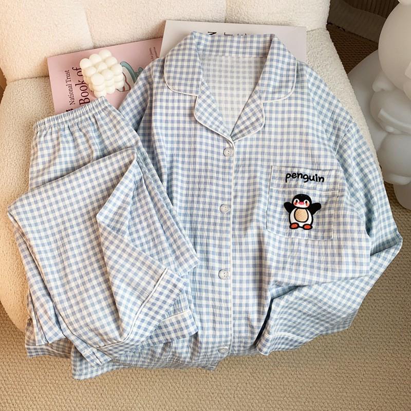 Cute Plaid Penguin Long Sleeve Pajama Set Women Soft Cloud Cotton Loungewear