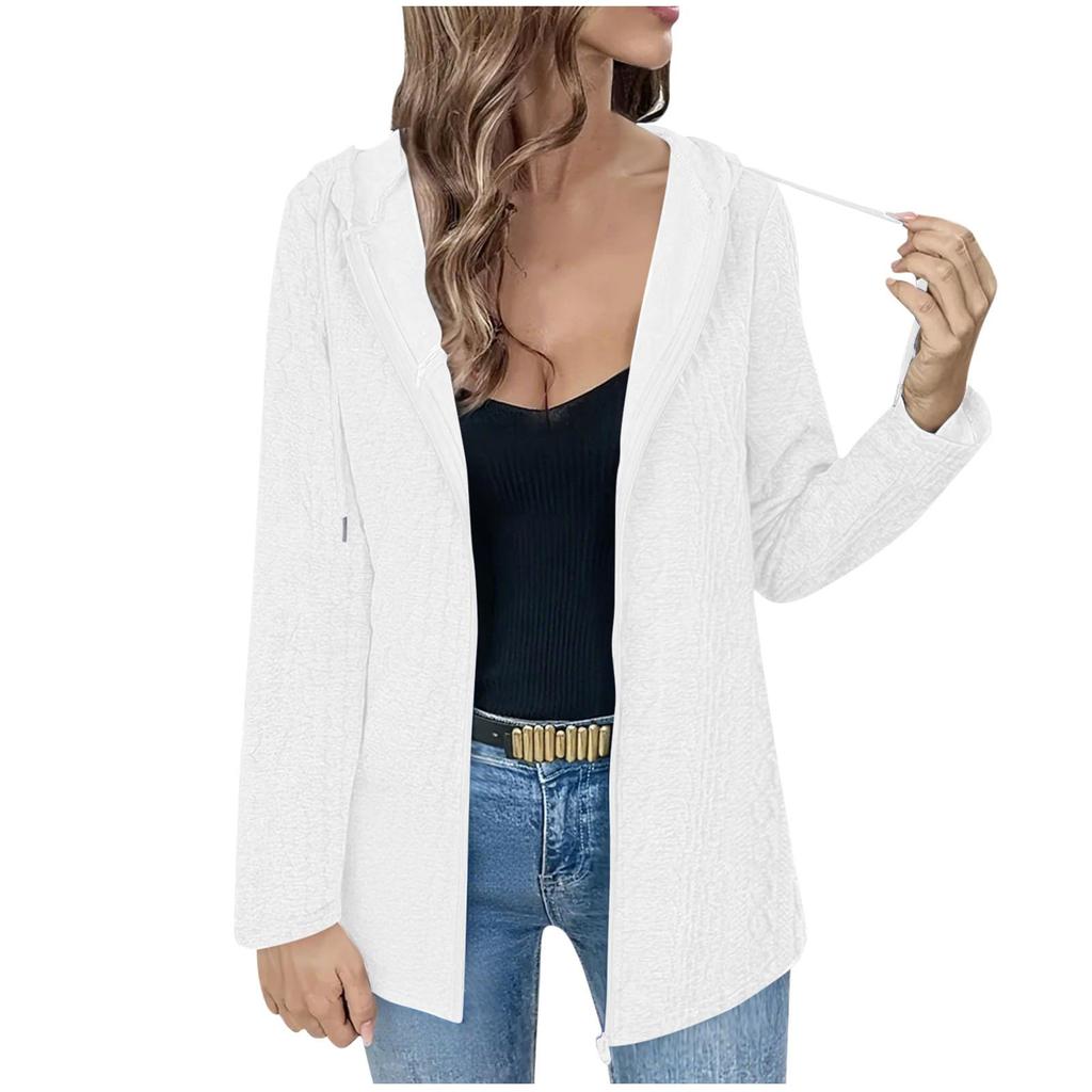 Women's Solid Color Loose Zipper Long Sleeved Hooded Top Casual Cardigan Jacket