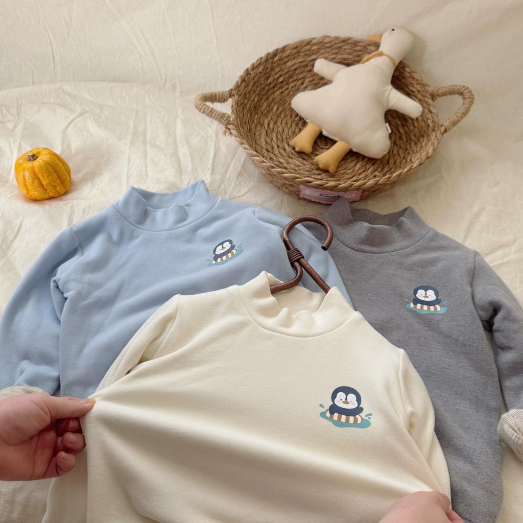 Cartoon Penguin Embroidered Half Turtleneck Long Sleeve Thickened Baby Base Layer for Boys and Girls