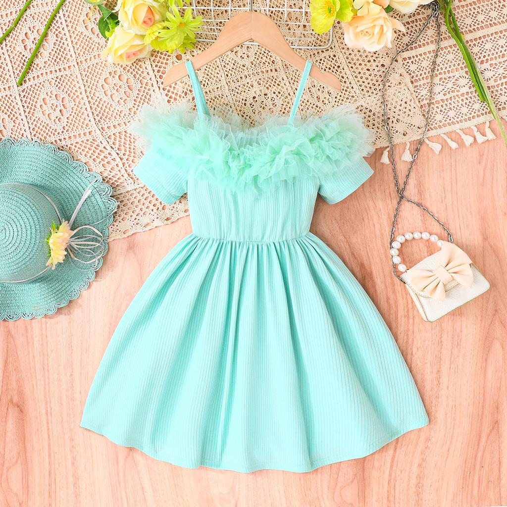 Girls' Elegant Princess Mesh Lace Neckline Halter Dress 2025 Summer Children's Fashion Casual Dress