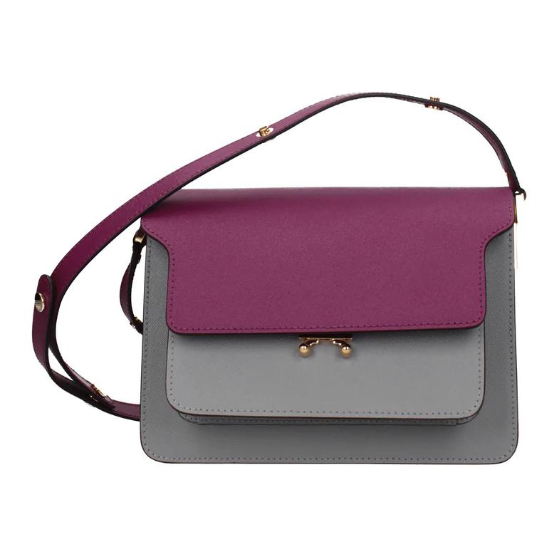Marni Trunk Color Block Flap Kiss Lock Leather Shoulder Bag Medium Women shoulder bag Gray Purple SBMPN09U75-LV520-Z563N