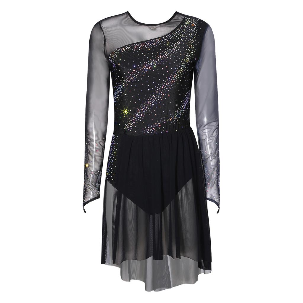 Womens Figure Skating Dress Contrast Color Rhinestones Gradient Mesh Skirt One Piece Leotard