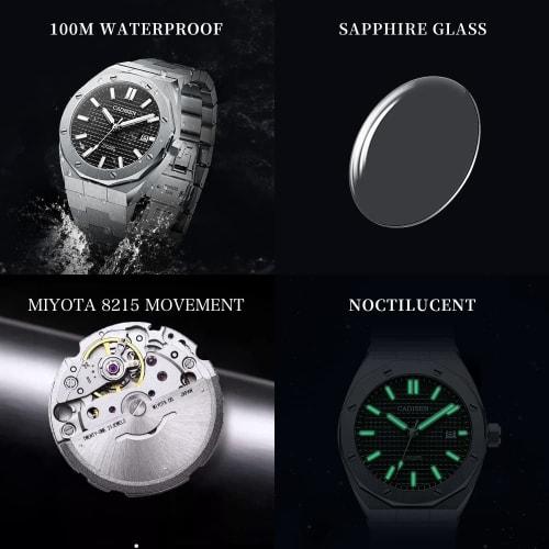 CADISEN Men's Automatic Watch, Made In Japan, MIYOTA 8215 Movement, Royal Oak, German Designer, Retro Style, Diver's Watch, 10 ATM Water Resistant, He