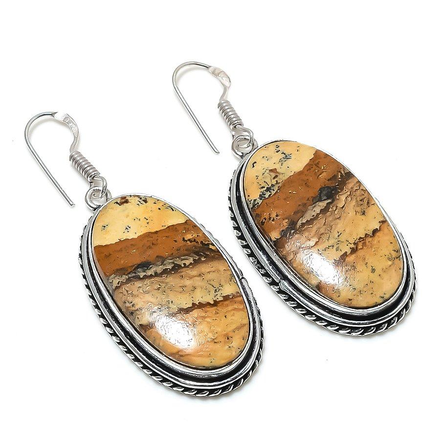 Natural Picture Jasper Gemstone 925 Sterling Silver Jewelry Earring 2.21" M4y14