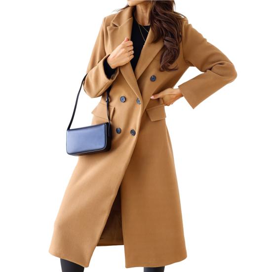 Женское пальто, двубортное, с длинными рукавами, с лацканами, однотонные пуговицы, сохраняет тепло, средней длины, против морщин, женское зимнее пальто, женская одежда