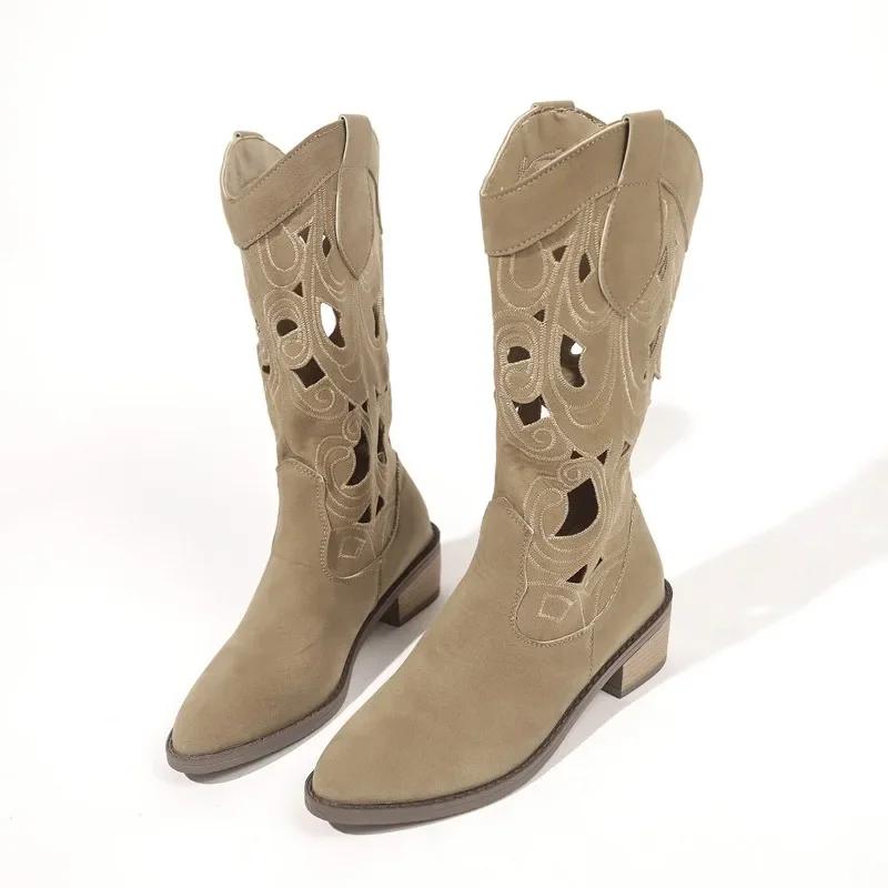 2024 Новые винтажные замшевые женские сапоги до колена, остроносые тапочки цвета хаки, толстые туфли на среднем каблуке в этническом стиле