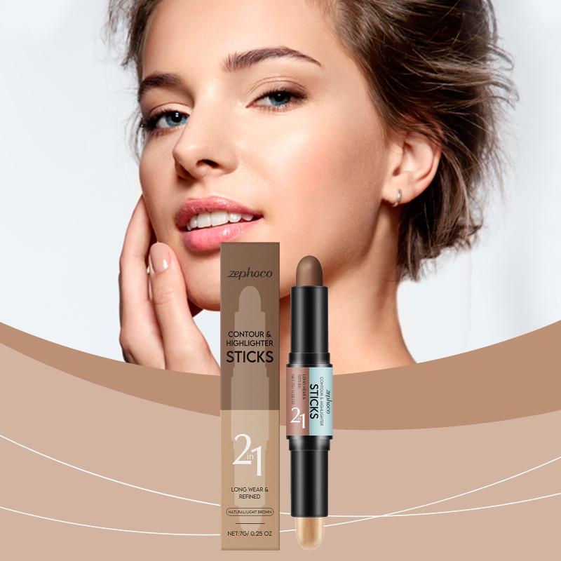 Natural Color + Light Brown 2 In 1 Contour Highlighter Sticks Face Brightening Shaping  Nose Shadow Contouring