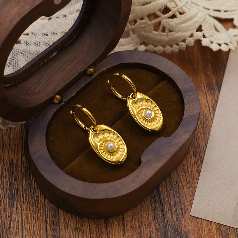 Серьги из титановой стали Овальные серьги с текстурой жемчуга Серьги Ретро Высококлассные для девушек