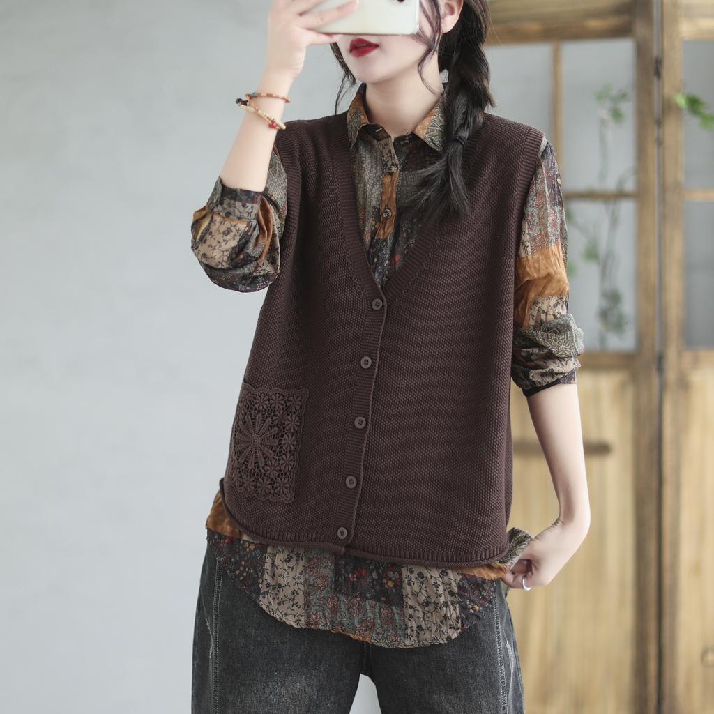 Женская винтажная вышивка V-образный вырез весна осень однобортная женская одежда повседневный вязаный свитер жилет