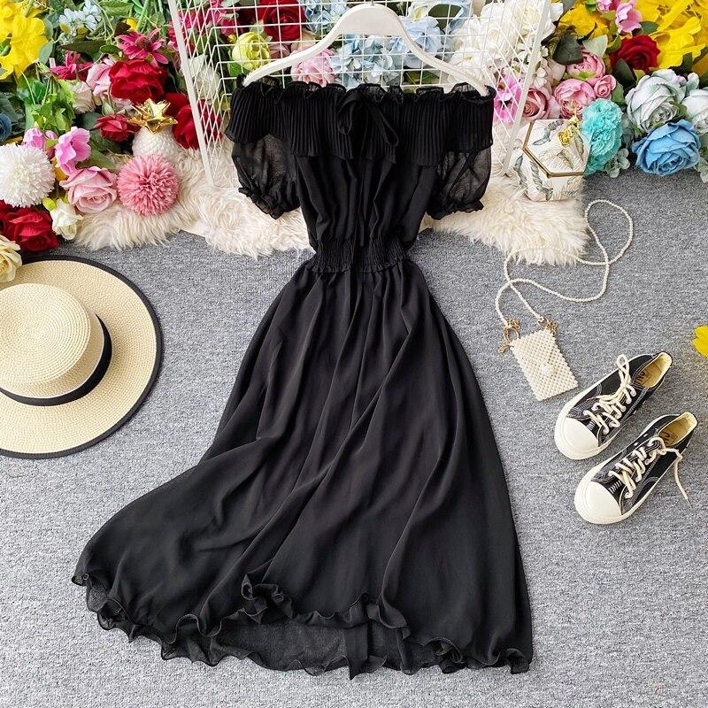 Платье для летних каникул Супер Фея Сладкие плиссированные длинные шифоновые женские платья с воротником с открытыми плечами в западном стиле