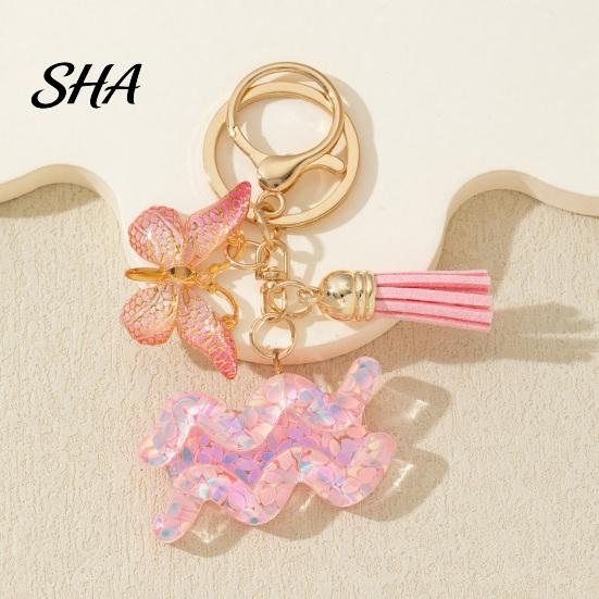 Portable Keychain Charm Pendant, The Zodiac with Butterfly Pendant Tassel, Metal Keyring for Handbag Backpack Bag Car Decoration