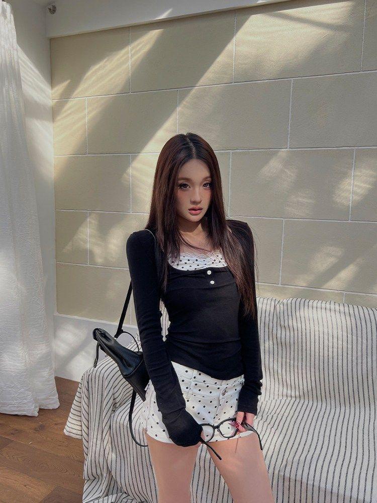 260 г Хлопок Модал В горошек Кружево Пэчворк Стиль из двух частей Стройнящий Топ