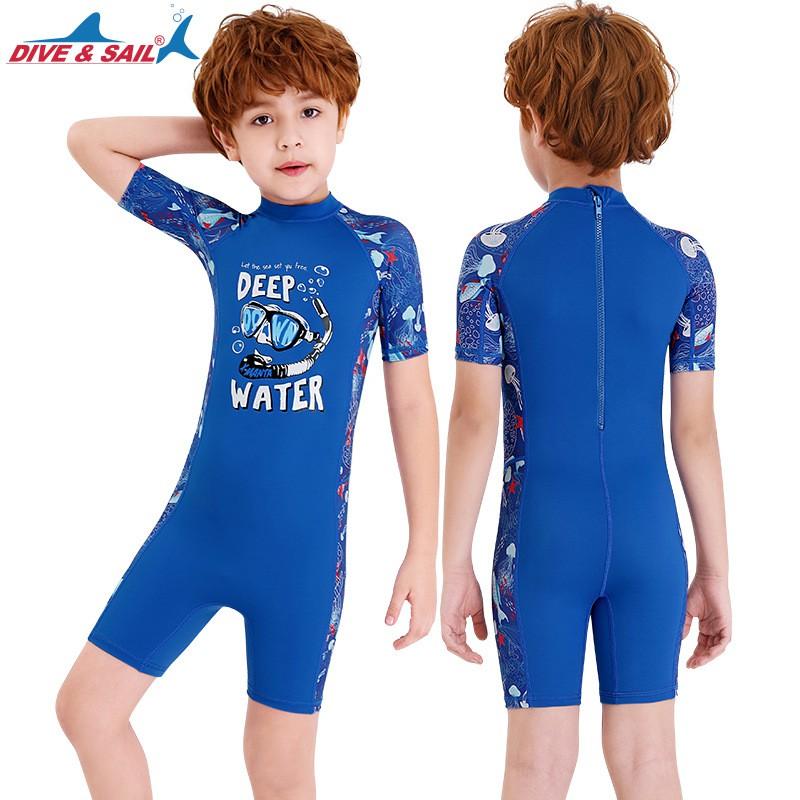 Kids UV Protection Swimsuit With Short Sleeves One-Piece Rash Guard Girls Boys Toddler Beach Snorkeling Quick-Dry