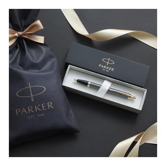 Шариковая ручка PARKER IM, средний стержень (M), Черные чернила, серое лаковое покрытие с золотой отделкой, в подарочной упаковке