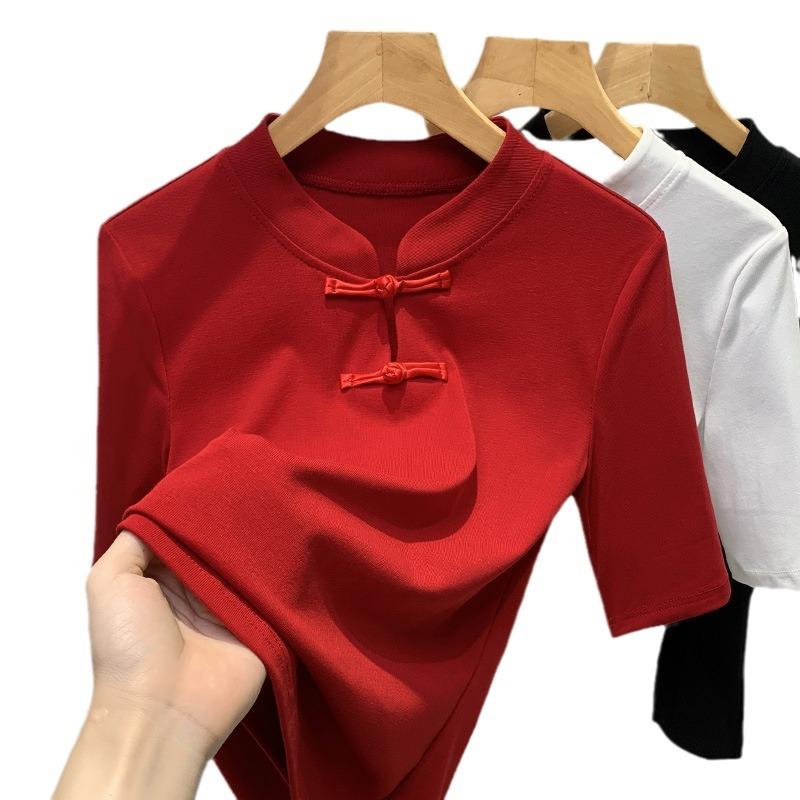Футболка в китайском стиле с воротником-стойкой и рукавами средней длины для женщин, новая женская однотонная хлопковая футболка с короткими рукавами и застежкой на пуговицы в китайском стиле