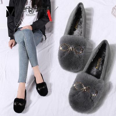 Модные осенние новые меховые туфли с кристаллами и металлической бабочкой, неглубокие мокасины, высококачественные кроличьи меховые теплые зимние женские туфли, мокасины-слипоны