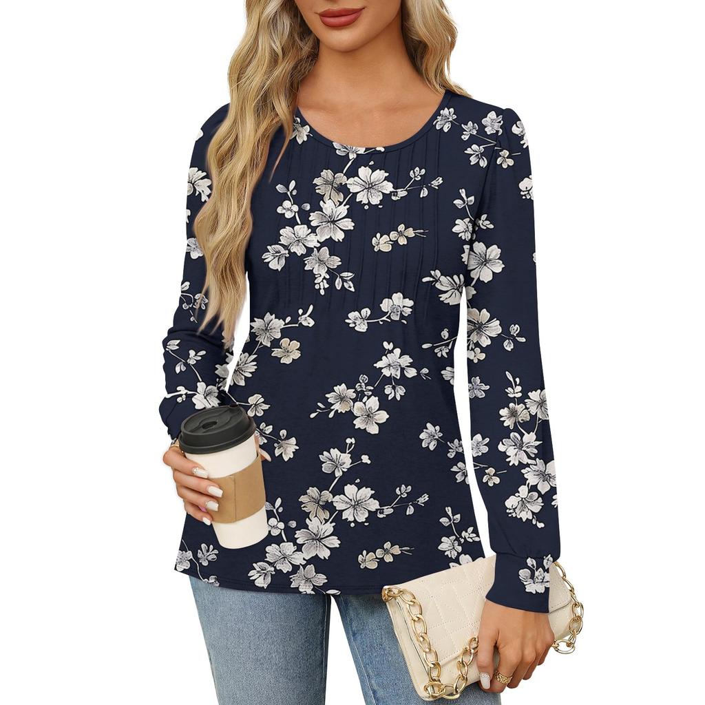 Рубашки с длинным рукавом для женщин, футболки с милым принтом и графикой, блузки, нарядные повседневные блузки, плиссированные топы-туники с овальным вырезом