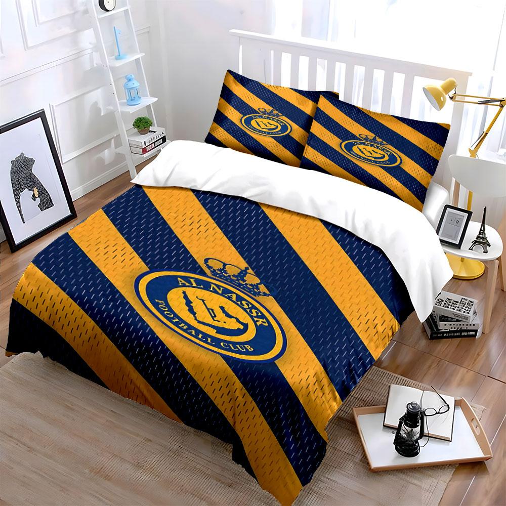 Yellow-blue stripes, Al-Nassr logo. Bedding sets Duvet cover sets Duvet covers Pillowcases(1*Duvet Cover 2*Pillowcases without duvet insert)