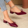 Весенние туфли-шлепанцы с квадратным носком и бордовым бантом на высоком каблуке, женские большого размера из микрофибры, одинарные туфли на тонком высоком каблуке