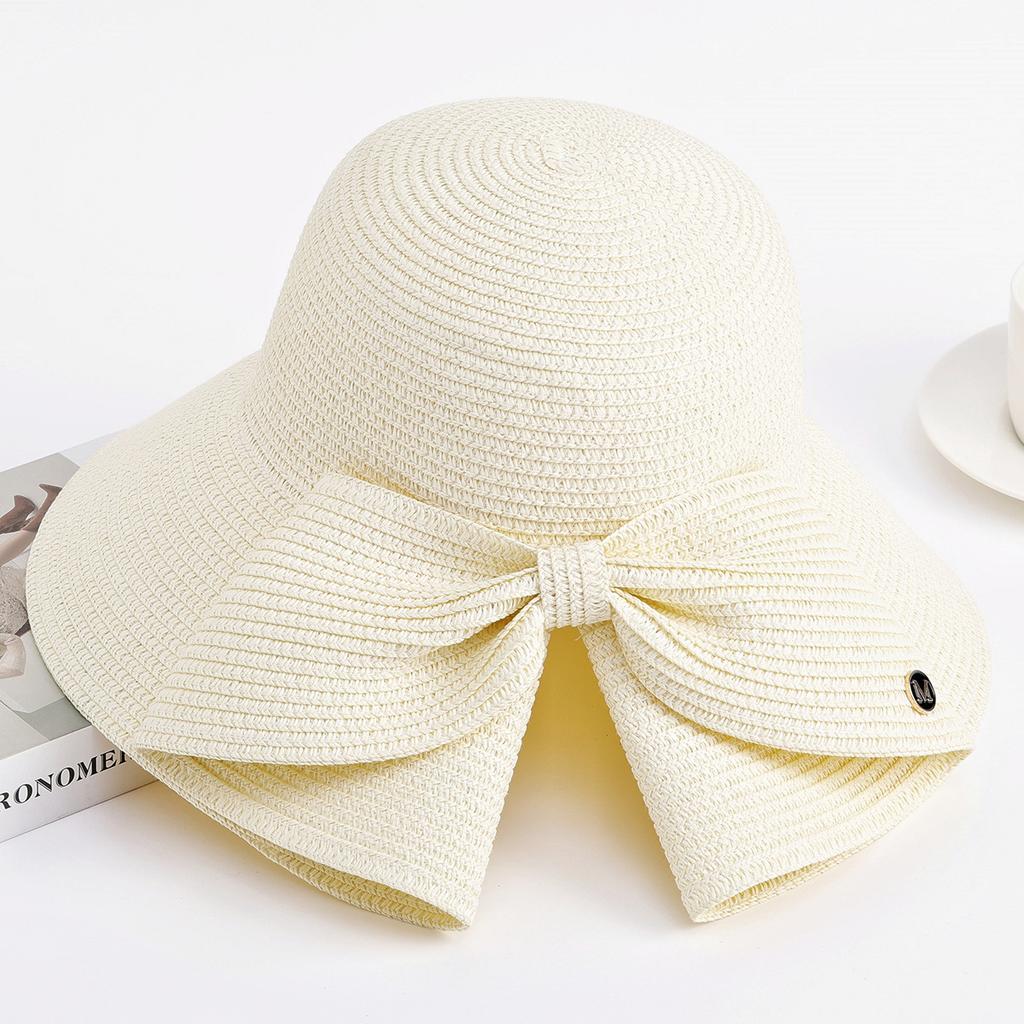 Women's Large Brimmed Summer Foldable Bow Woven Hat for Sun Protection and UV Protection, Fashionable and Versatile Sun Hat