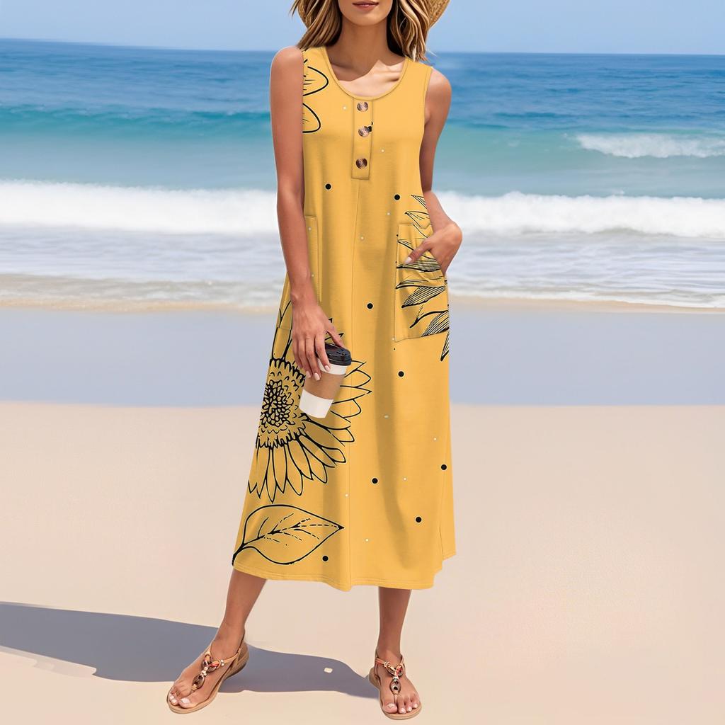 Женское летнее платье с цветочным принтом без рукавов на пуговицах, повседневный свободный длинный пляжный сарафан