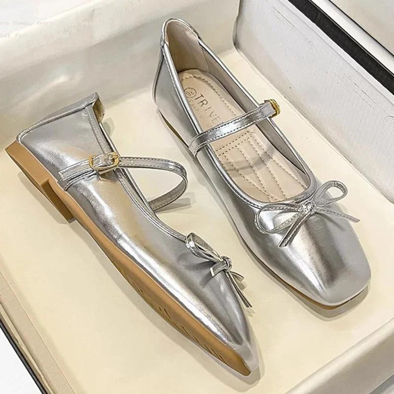 Fashion Silver Bowtie Mary Jane Pumps Fashion Women Square Toe Pu Leather Party Shoes Autumn New Woman Low Heels Wedges Buckle Shoes