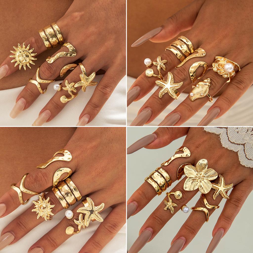 European and American Bohemian Personality Starfish Ring Set Geometric Hollow Sunflower Ring Ring Woman