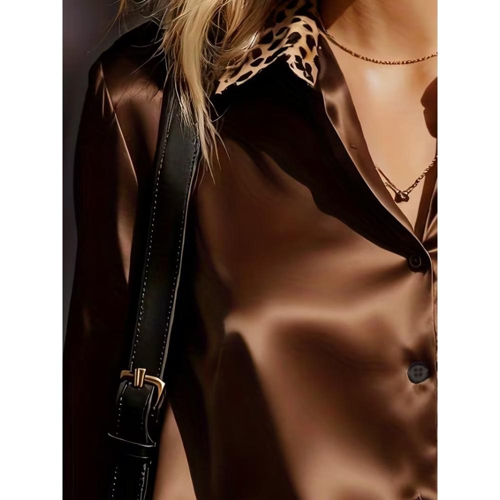 New Arrival: Women’s Long-Sleeved Satin Shirt in Leopard Print with Colour-Blocking and A Retro Style