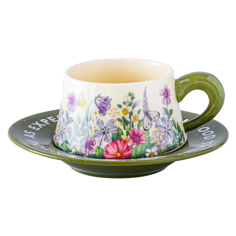 Ретро-керамические чашки и блюдца, антикварная масляная живопись, зеленые колокольчики, цветочные кофейные чашки и блюдца, послеобеденный чай в стиле Хепберн