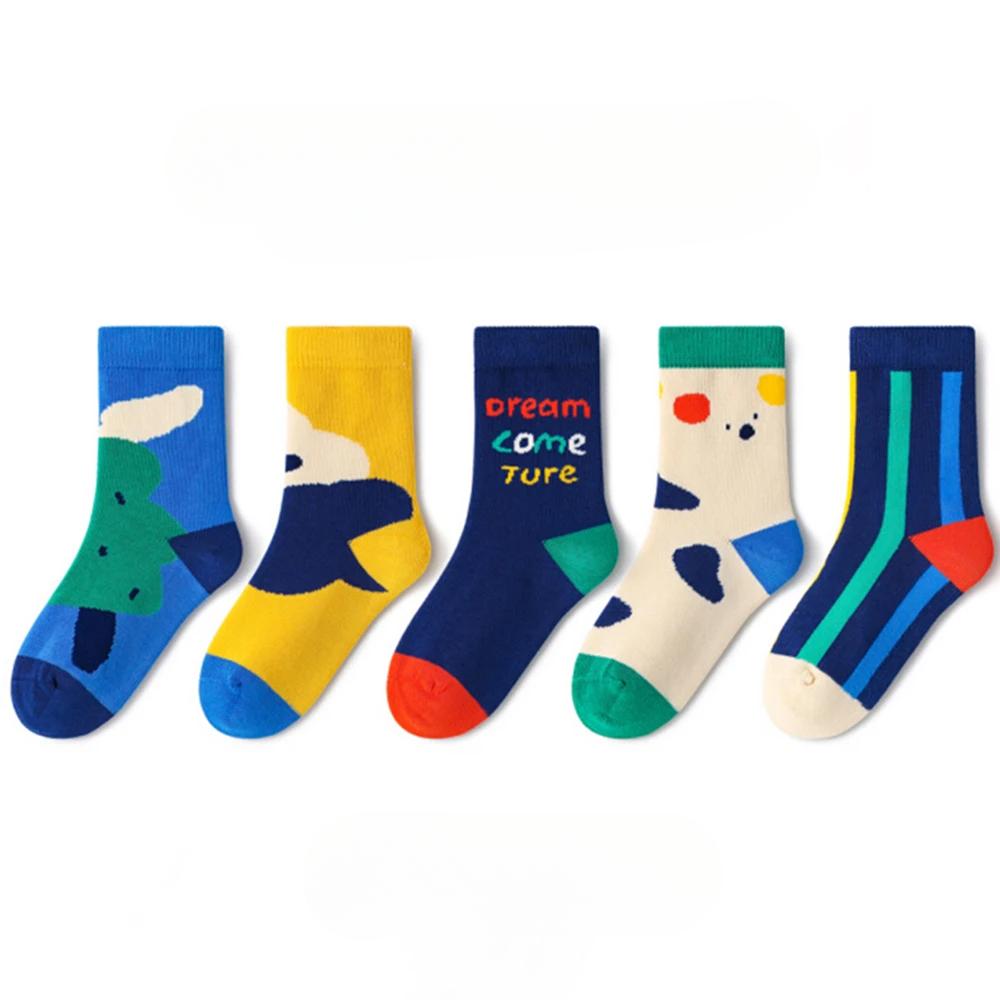 5 пар ярких цветов, носки средней длины для детей, спортивные, для школьников, весна-осень, мягкий хлопок, для малышей 1-14 лет