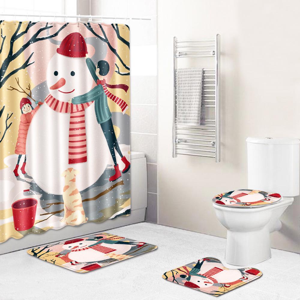 Christmas Shower Curtain Floor Mat Combination Four-Piece Bathroom Non-Slip Door Mat Foot Mat Bedroom Living Room Carpet