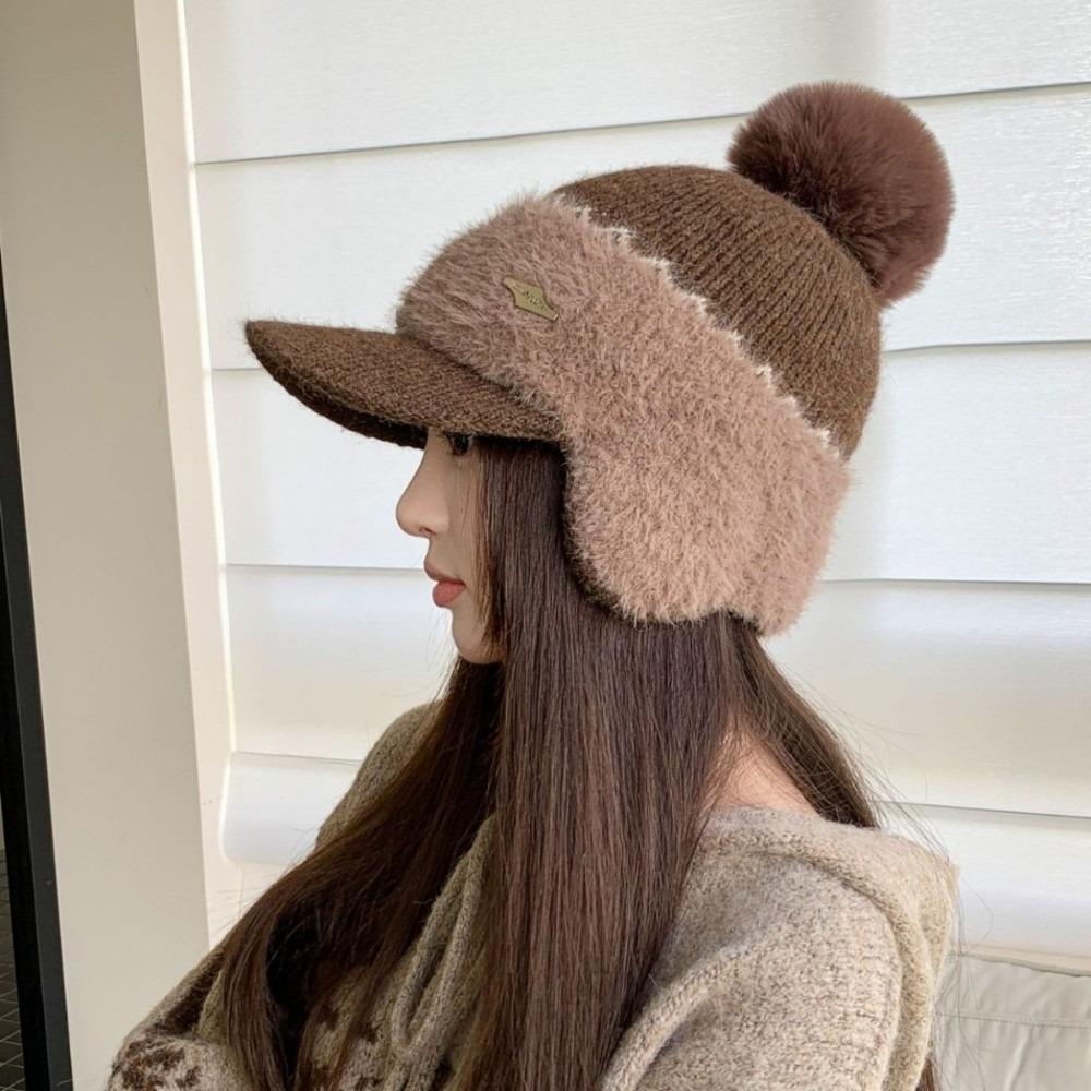 Ear Protection Winter Knitted Hat Pom Pom Warm Baseball Hat Cozy Thick Plush Hat Outdoor Sports