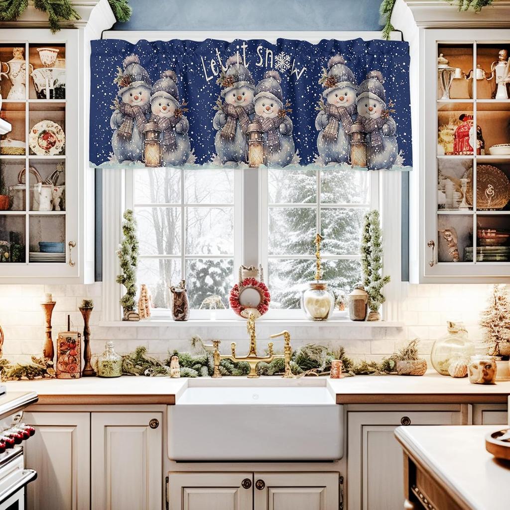 Penguin Winter Snowman Oil Lamp Snowflake Valance Tier Curtain Rod Pocket Valance for Multi-purpose Rooms, 1 Panel, 42x12 Inch, White