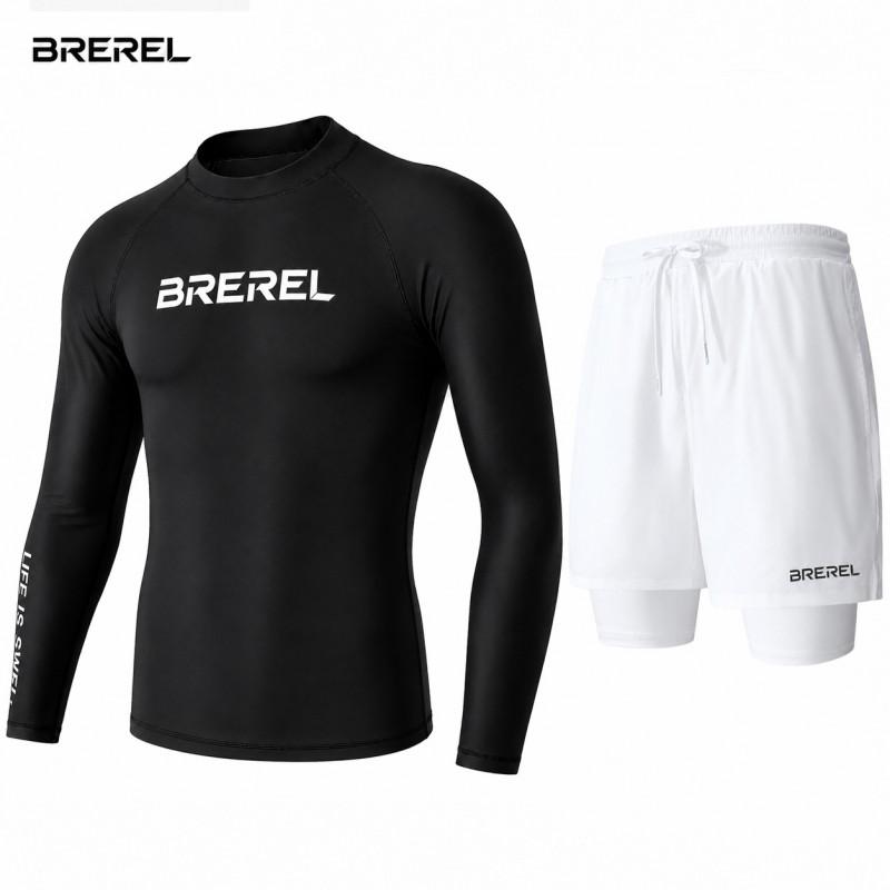 Mens UV Protection Rash Guard Set Long Sleeve Swim Shirt Quick-Dry Board Shorts Snorkeling Surfing Kayaking