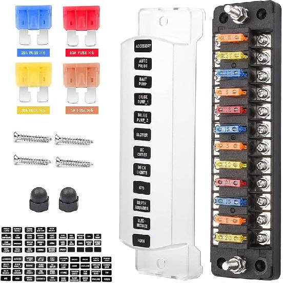 12-Way 12V Fuse Box Blade, 12-Volt Fuseholder, No LED Indicator, Moisture Resistant Cover - With Ground Bus 12-Way Independent Positive Fuseholder