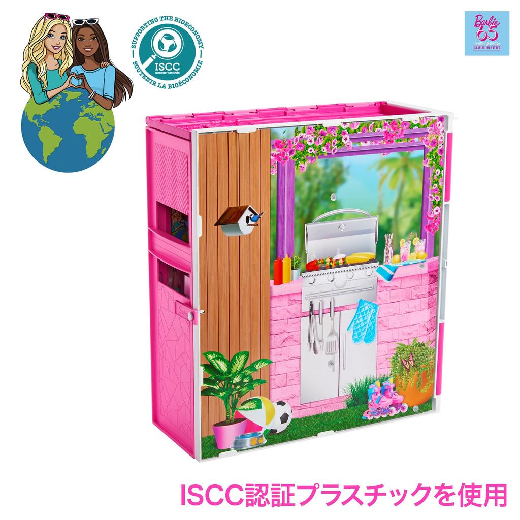 Barbie 65 Pink House Sold Pretend Ages 3 and HRJ76 Earth-Friendly 2-Story (Doll Separately) - Dress-Up Doll, House, Play, Up, Pink,