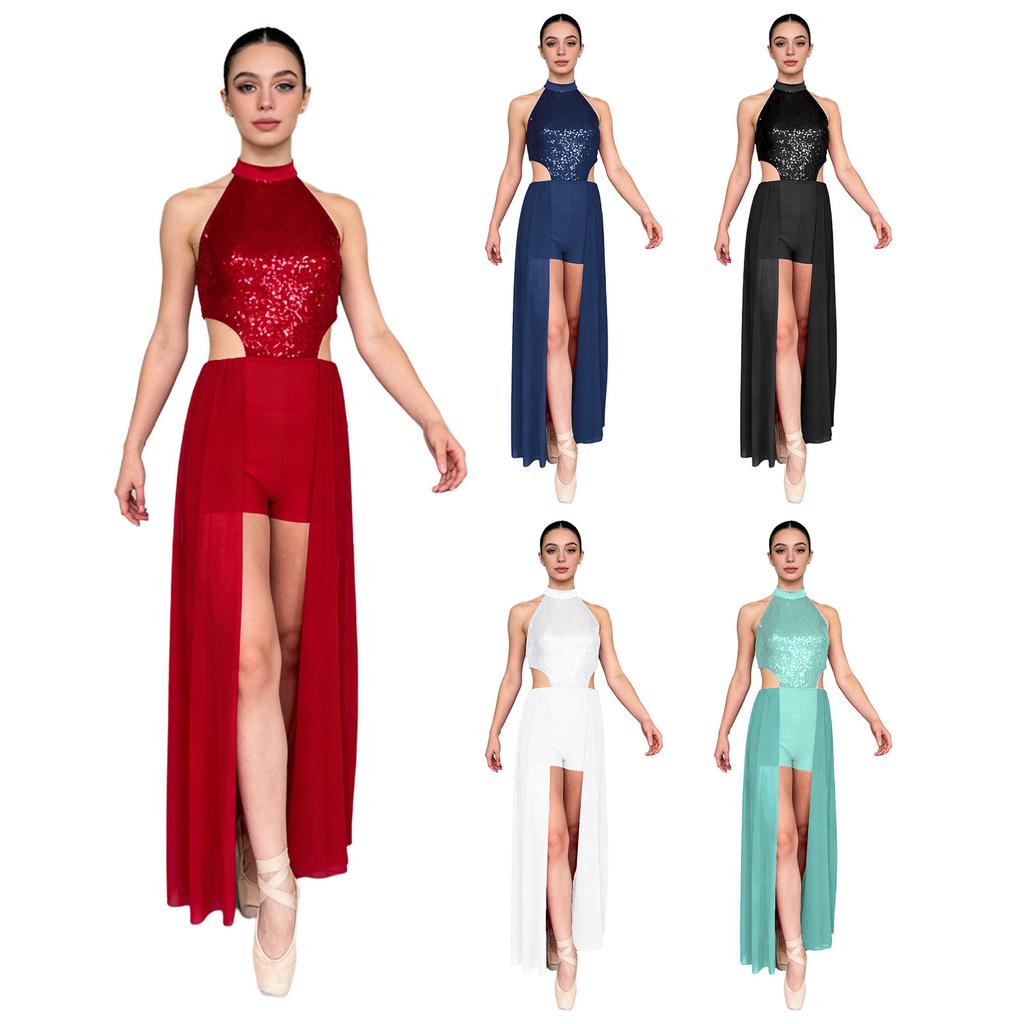 Womens Backless Bodysuit Dress Sequined Top Mesh Skirt Integrated Short Bottom Dance Wear