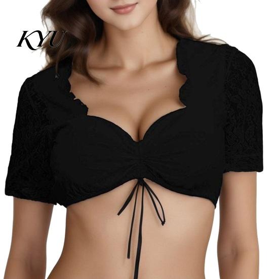 Party Festive Apparel Lace Sleeve Crop Shirt for Women, Ruffle Short Beer Festival Outfit Cropped Top, German Dirndl Blouse Bavarian Oktoberfest