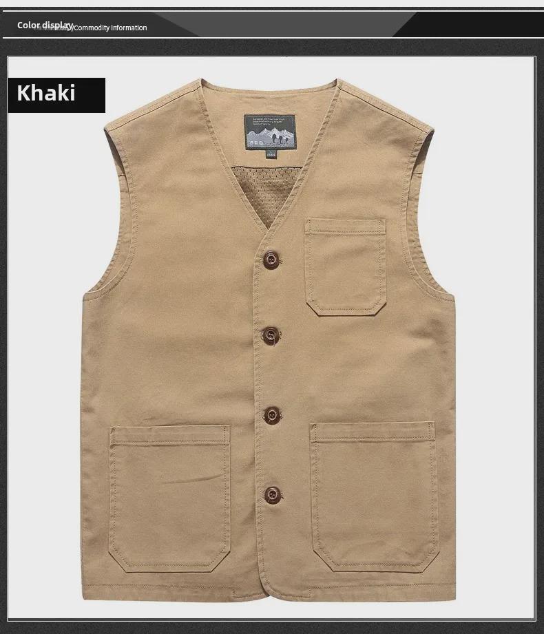 Extra Large Collarless Cotton Vest with Multiple Pockets for Spring/Autumn Outdoor Workwear